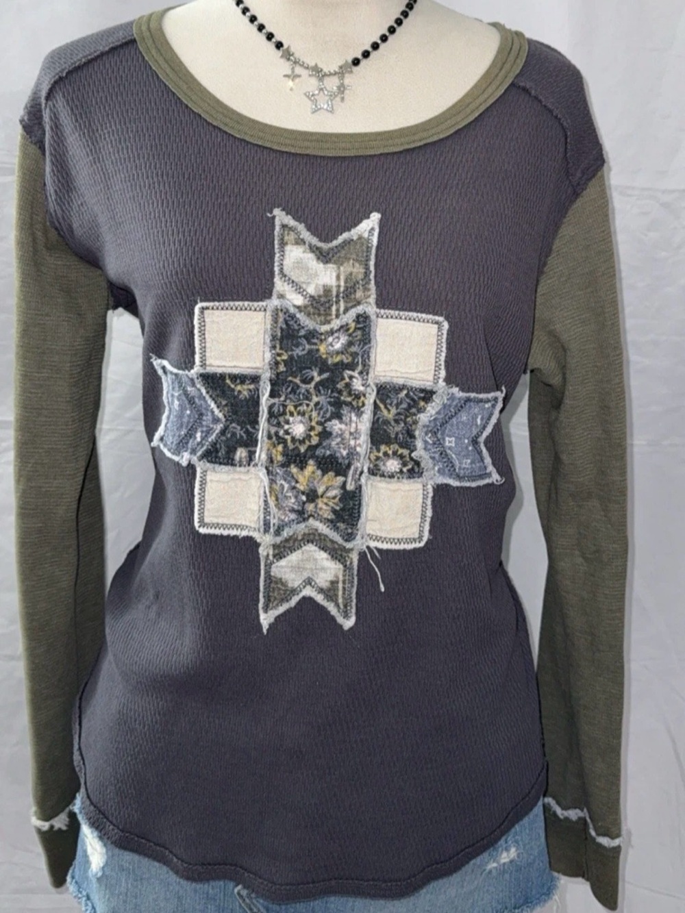 We The Free Olive & Charcoal Patchwork Long Sleeve Tee